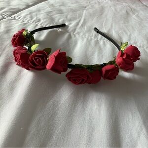 BOHO Floral Crown Rose Flower Headband Hair Wreath (Dark Red)